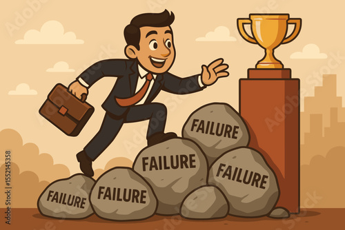 Businessman climbing rocks labeled failure to reach golden trophy, perseverance, overcoming obstacles, business success, motivation, achievement, determination, career growth, vector illustration