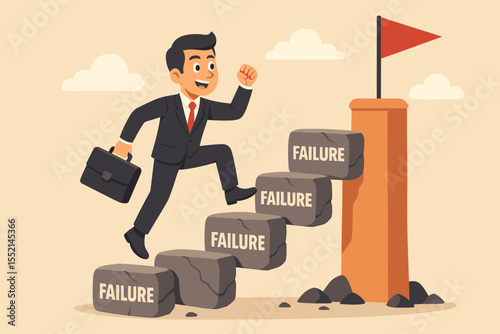 Ambitious businessman climbing steps labeled failure to reach success, perseverance overcoming obstacles, career growth, motivation, leadership, achieving business goals, vector illustration