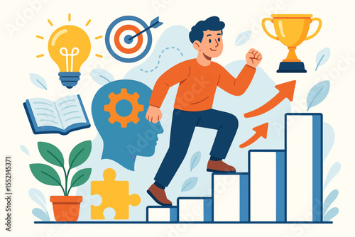 Business growth success motivation. Man climbing graph steps. Achievement, goal setting, career progress. Leadership, personal development, self improvement, strategy, skills, vision, trophy reward