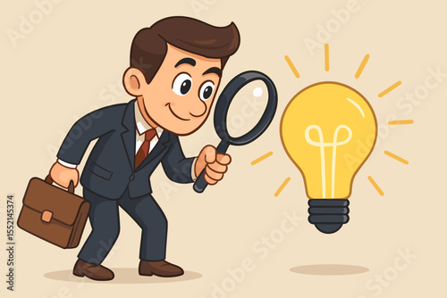 Businessman with a magnifying glass examines a light bulb. Concept of searching for a new business idea, creativity, innovation, discovery, finding solutions, and identifying opportunities.