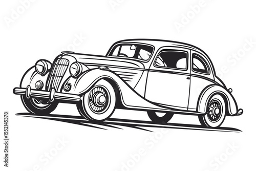 Vintage Classic Car Line Art: A detailed line art illustration of an elegant vintage automobile, reminiscent of a bygone era, poised in a timeless design. 