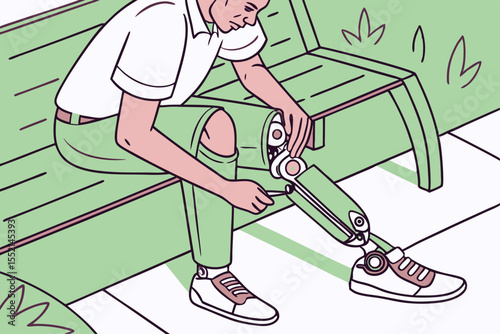 War amputee adjusting prosthetic leg while sitting on bench, close-up view of hands and leg, showcasing resilience and determination in overcoming challenges