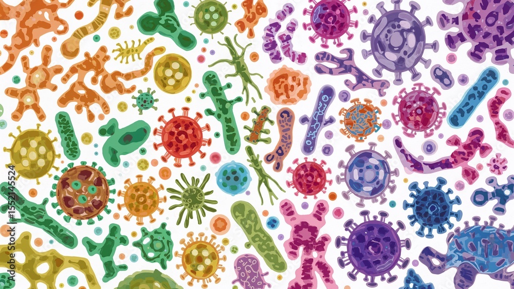 Fototapeta premium Scientific illustration showing diverse gut bacteria interacting with human immune cells