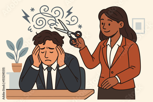 Businesswoman supporting stressed coworker cutting negative emotions. Emotional support in workplace. Mental health aid. Office stress management. Vector cartoon illustration business concept