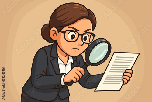 Serious businesswoman inspecting document with magnifying glass. Cartoon vector illustration of office employee checking paperwork for details, errors, accuracy, audit, compliance review concept