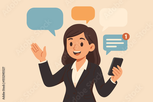 Professional businesswoman messages on smartphone, speech bubbles, digital communication, cartoon vector illustration, corporate conversation, notification, workplace discussion, teamwork concept