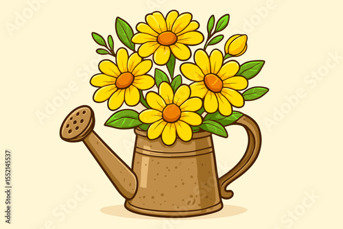 Bright yellow daisy flowers bouquet in rustic watering can. Spring floral arrangement. Cartoon vector illustration. Garden decor. Decorative flowers, leaves, cute nature, home decoration concept