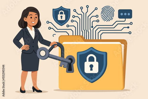 Businesswoman securing confidential digital data, locking folder with key, cybersecurity, information protection, data privacy, advanced security system, encrypted files vector illustration