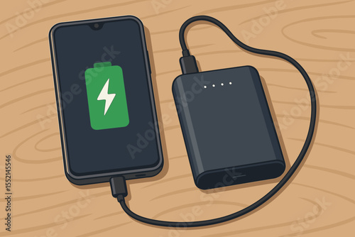 Modern smartphone charging with portable power bank, battery pack connected via USB cable, vector cartoon illustration. Mobile device energy recharge, emergency backup, technology concept.