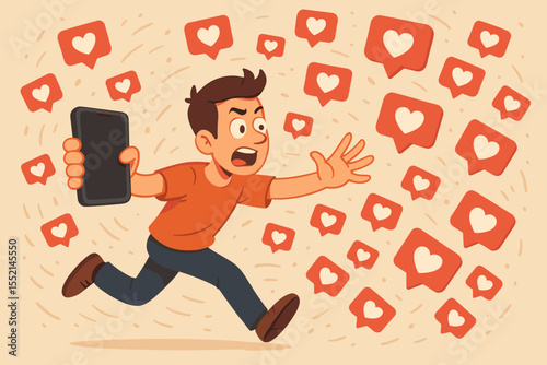 Social Media Addiction Concept. Man Running With Smartphone Chasing Likes. Social Approval Obsession. Seeking Validation Online. Digital Popularity Frenzy. Internet Attention Vector Illustration