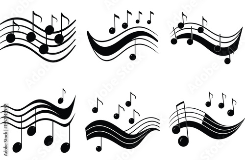 Six black musical notes on staffs with wavy lines musical staff black and white