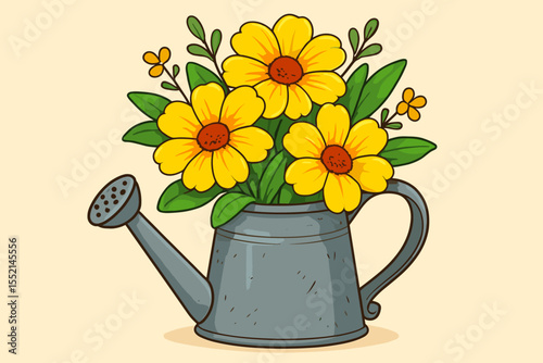 Bright yellow garden flowers bouquet arranged in rustic metal watering can. Cartoon floral illustration. Spring or summer vector design. Botanical home decor, gardening concept, cute nature art