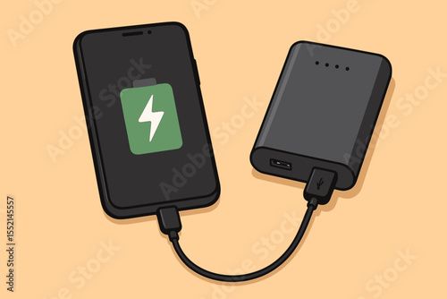 Modern smartphone charging with portable power bank. Vector illustration of mobile phone connected to external battery charger. USB cable, battery icon, technology, energy, portable device charging.