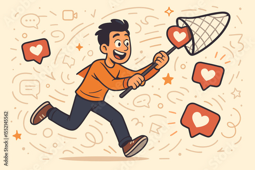 Young man chasing social media likes with net. Cartoon vector illustration of influencer seeking online popularity, validation, approval, engagement in digital age. Viral content, notification frenzy.