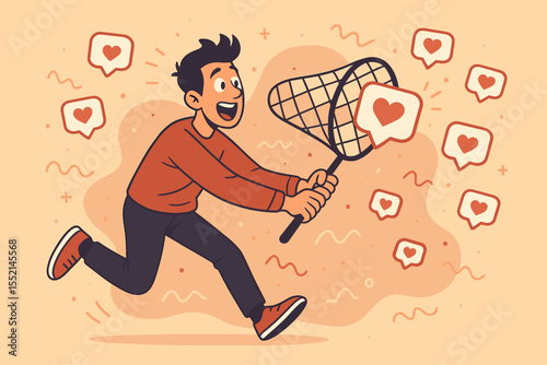 Man chasing social media likes with butterfly net. Cartoon vector concept about online popularity, digital attention seeking, collecting hearts, influence, internet fame, viral content, addiction