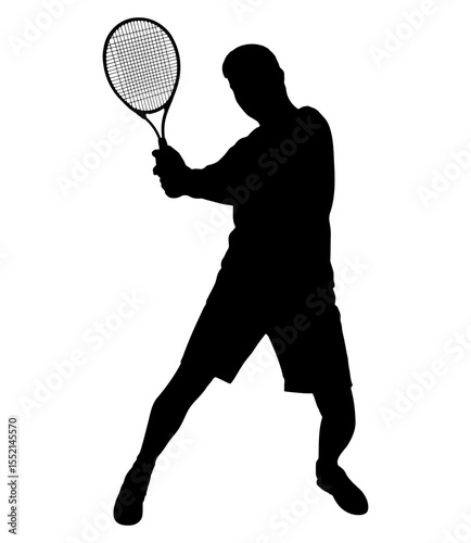 Male tennis player, isolated silhouette. The type of sport is lawn tennis. An active man hitting a ball with a racket. Vector illustration