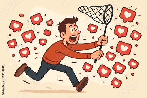 Social media addiction concept, man chasing likes with net, influencer seeking popularity, cartoon vector illustration, digital approval, attention economy, online validation, internet fame