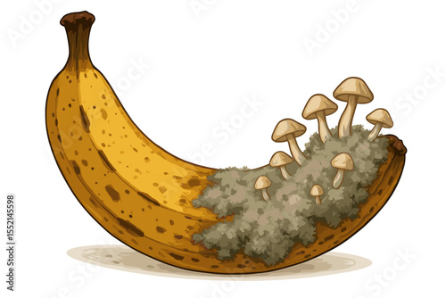 Overripe Moldy Banana with Fungal Mushrooms Growing Spoiled Fruit Decay Concept. Rotten Banana with Mold, Fungus, and Mushrooms. Isolated Vector Illustration Symbolizing Food Waste and Spoilage