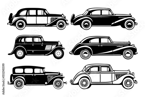 Classic Automobile Collection: A striking black-and-white illustration showcasing a collection of elegant classic cars.