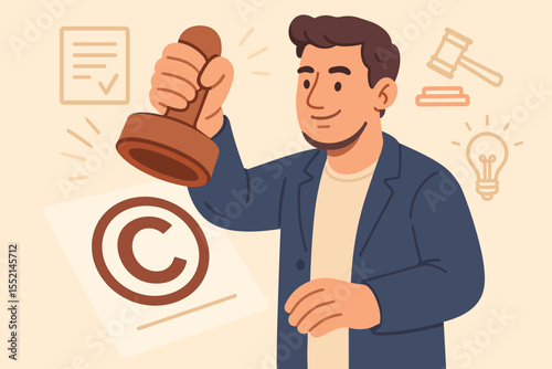 Copyright Legal Protection Concept, Man Stamping Copyright Symbol, Intellectual Property Rights, Patent Law, Creative Ownership, Artistic Work Security, Vector Cartoon Illustration
