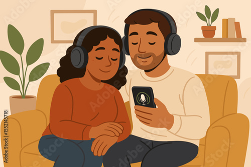 Couple relaxing together at home listening to podcasts on smartphone apps, sharing headphones, cozy living room, digital technology leisure, modern lifestyle, vector cartoon illustration