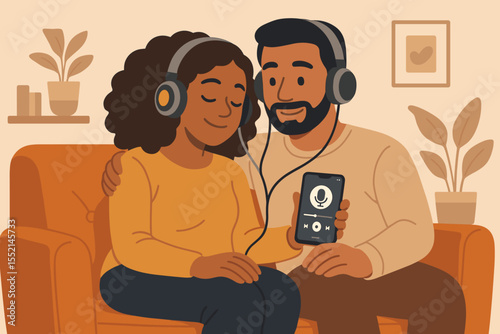 Happy couple listening to podcasts together at home, relaxing on sofa with headphones and smartphone, cozy living room interior, audio streaming, leisure lifestyle, vector cartoon illustration