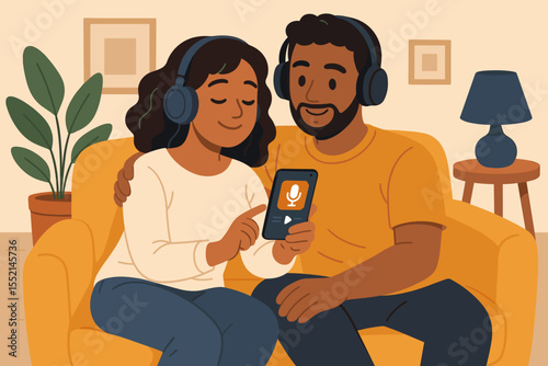 Couple relaxing together listening to podcasts on smartphone app at home. Cozy living room, headphones, leisure time, audio entertainment, digital lifestyle. Vector illustration