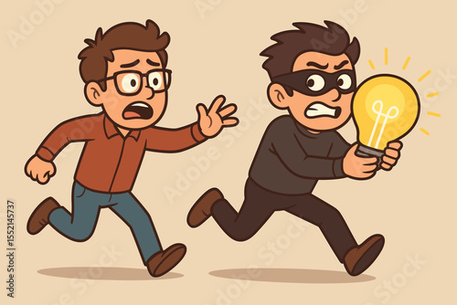 Intellectual Property Theft Concept Cartoon, Person Stealing Lightbulb Idea, Creator Chasing Thief, Plagiarism, Copyright Infringement, Innovation Protection, Business, Vector Illustration