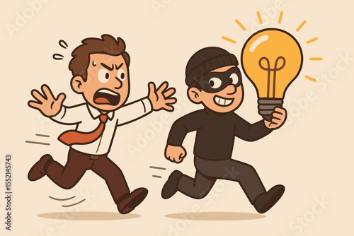 Intellectual Property Theft Concept. Businessman Chasing Thief Stealing Idea, Lightbulb Symbol. Copyright Infringement, Plagiarism, Idea Protection, Crime, Corporate Espionage. Vector Illustration