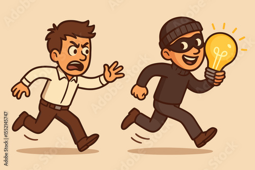 Intellectual Property Theft Concept, Idea Stealing, Vector Cartoon Illustration. Thief Running with Lightbulb, Creator Chasing, Copyright Infringement, Innovation Piracy, Business Security Metaphor