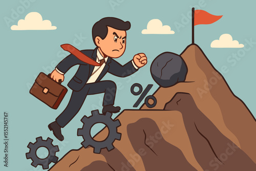 Determined businessman climbing mountain overcoming obstacles for success, career achievement and growth, business challenge, ambition, perseverance, financial goal, motivation, vector illustration