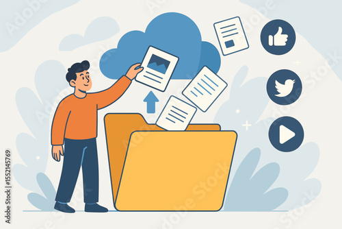 Cloud storage data upload, digital file management, social media document sharing, online media backup, cartoon man with folder, cloud computing, internet data transfer concept illustration
