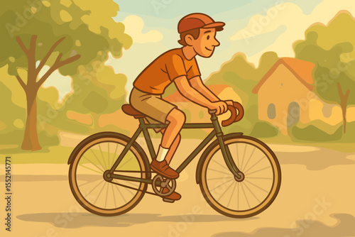 Cartoon boy riding vintage bicycle on sunny suburban street, summer day, outdoors. Retro cycling, childhood activity, healthy lifestyle, sport, helmet safety, leisure, neighborhood vector illustration