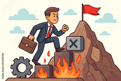 Ambitious businessman climbing steps overcoming obstacles, challenges, fire, and failures to reach success flag atop mountain, business achievement, perseverance, motivation, leadership concept vector