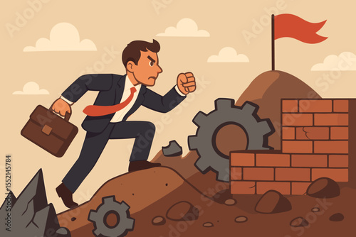Determined businessman climbing mountain to success, overcoming obstacles and challenges, reaching red flag goal, career ambition, perseverance, motivation, achievement, vector illustration