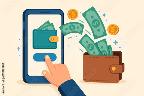 Mobile wallet payment and digital money transfer concept. Smartphone banking, online transaction, e-wallet finance, sending cash from device to wallet. Vector cartoon illustration, no text