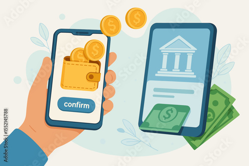Mobile banking transaction concept. Digital wallet app transferring money between smartphones. Online payment, electronic funds transfer, financial technology. Hand holding phone, digital bank vector