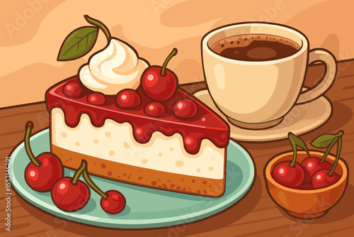 Cartoon cherry cheesecake slice with whipped cream, cherry topping, fresh cherries, cup of coffee, dessert plate, sweet bakery treat, cafe breakfast, hand drawn vector illustration, no text