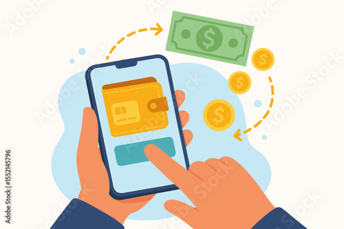 Mobile Payment Transaction Concept with Smartphone, Digital Wallet, Online Money Transfer, E-Wallet, Hand Holding Phone, Sending and Receiving Cash, Modern Financial Technology Vector