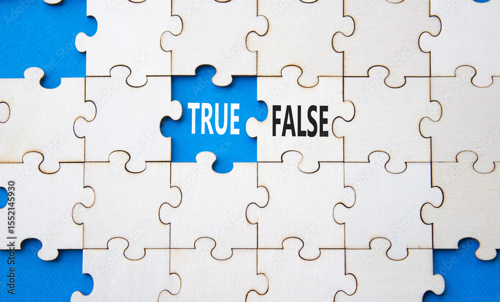 Fototapeta premium True or False symbol. Concept word True or False on wooden puzzle. Beautiful blue background. Business and True or False concept. Copy space