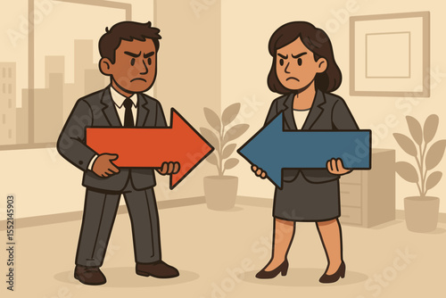 Businessman and businesswoman in office holding opposite direction arrows, concept of divergent strategies, disagreement, conflict, teamwork challenge, decision making, vector illustration
