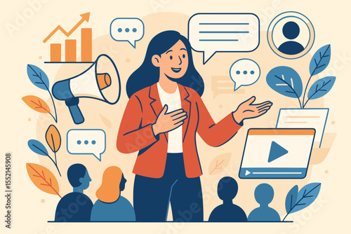 Strategic Public Relations Communication. Woman Speaker Engaging Audience. Marketing, Storytelling, Stakeholder Engagement, Media Relations, Branding, Digital Content, Influence, Vector Illustration