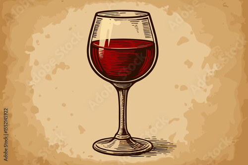 Vintage Red Wine Glass Illustration. Classic Elegant Stemware with Full Red Wine. Retro Engraving Style on Aged Paper Texture. Hand Drawn Vector Art. Bar, Winery, Restaurant, Beverage Concept
