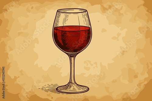 Hand Drawn Red Wine Glass Vintage Illustration on Aged Paper Texture, Classic Alcoholic Drink, Retro Engraving Style, Elegant Beverage, Rustic Bar Menu Design, Vector Art