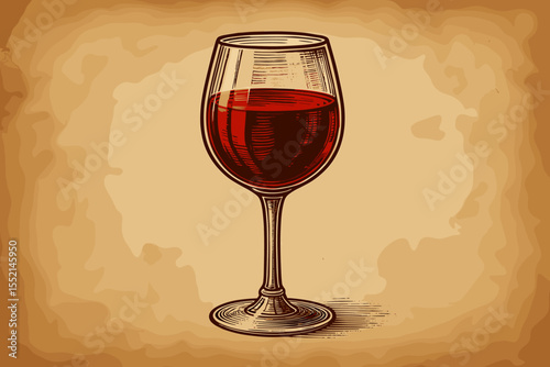 Vintage Red Wine Glass Illustration on Antique Textured Paper Background. Elegant Hand Drawn Vector Artwork. Classic Wineglass, Retro Beverage, Restaurant Menu, Winery, Sommelier Concept Design