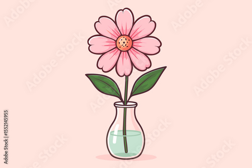 Soft pink daisy flower in glass vase with water, cartoon vector illustration. Delicate pastel floral design, isolated on light pink background. Elegant spring bloom home decor concept