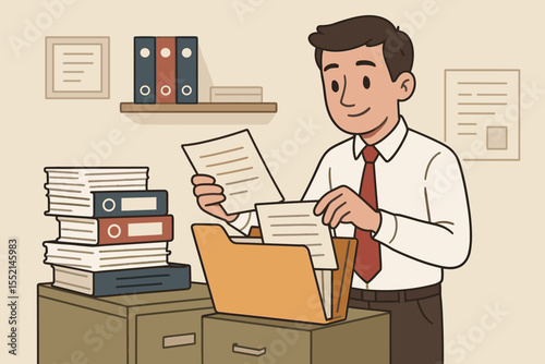 Office worker organizing paperwork, managing documents and files, archiving records, business administration, corporate office workflow, productivity, filing system, vector cartoon illustration