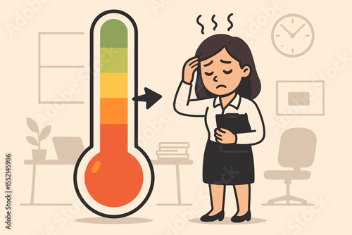 Workplace stress level thermometer vector. Cartoon office employee under pressure, stress measurement, productivity burnout concept. Overworked businesswoman, mental health, corporate environment