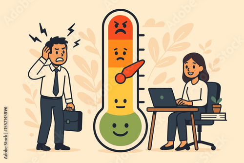 Workplace Stress and Productivity Meter Concept. Business People, Office Employees Facing Stress, Emotional Thermometer Gauge, Mental Health, Burnout, Corporate Pressure. Vector Illustration