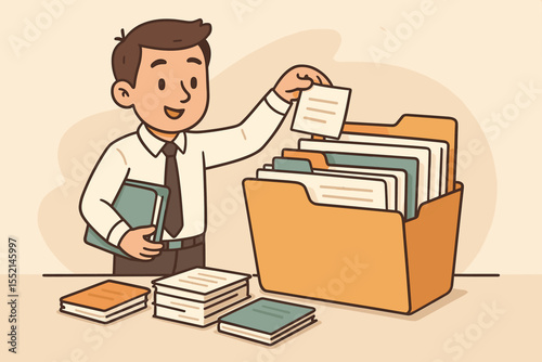 Businessman Managing Office Files and Documents. Concept of Organization, Paperwork, Document Sorting, Workplace Efficiency, Record Keeping. Vector Illustration for Corporate Office Settings